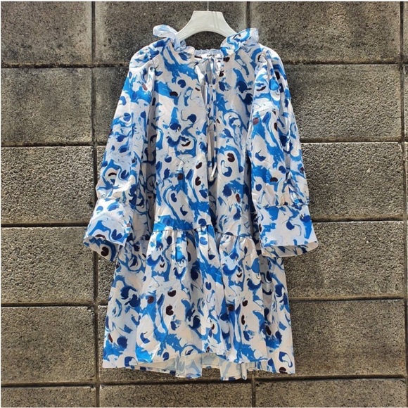 H&M hm Cotton Voile Ruffle Collar Peplum Mini Dress Drop waist Pattern Blue NWT - Picture 9 of 16